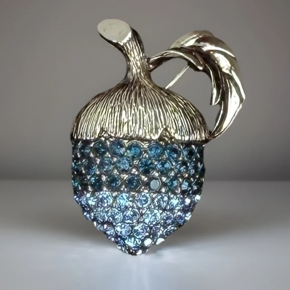 Silvertone and Blue Acorn Brooch Pin